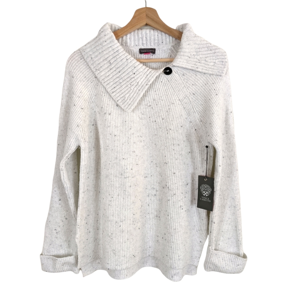 Vince Camuto White Sweater Ribbed Long Sleeve Fold-Ove Neck Speckled Knit Size S